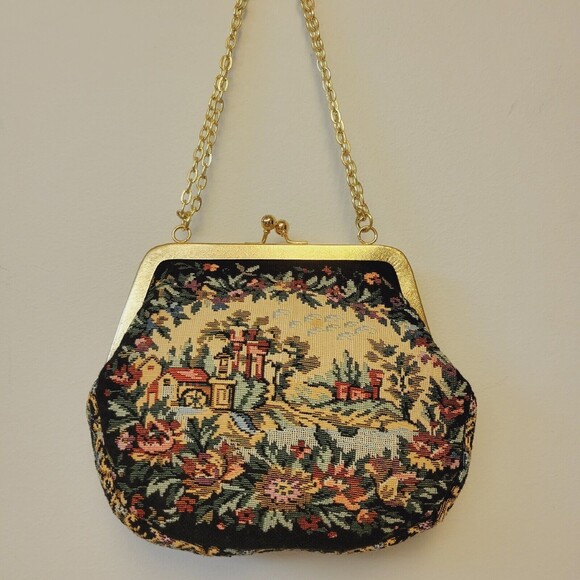 Vintage Walbarg Needlework Tapestry Nature Patern Gold Tone Chain Mini Purse Bag - Picture 8 of 8